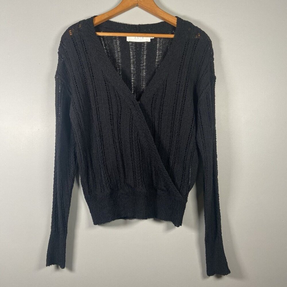 ASTR The Label S Faux Wrap‎ V-neck Pointelle Knit Pullover Sweater Black ($79)